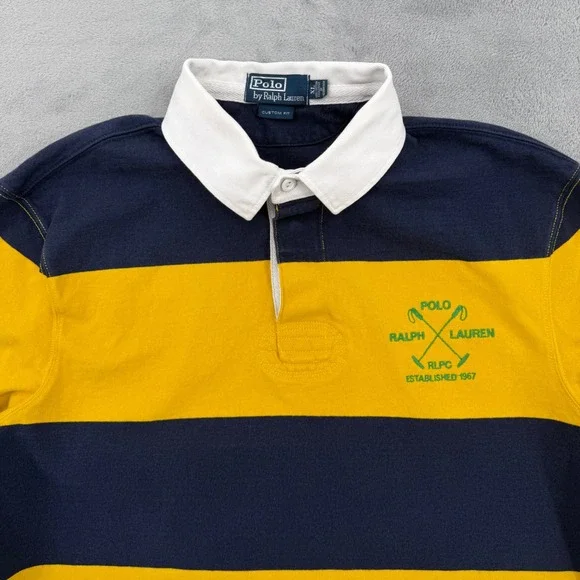 Vintage Polo Ralph Lauren Custom Fit Rugby Shirt Navy Yellow Striped Mens XL - Picture 10 of 15